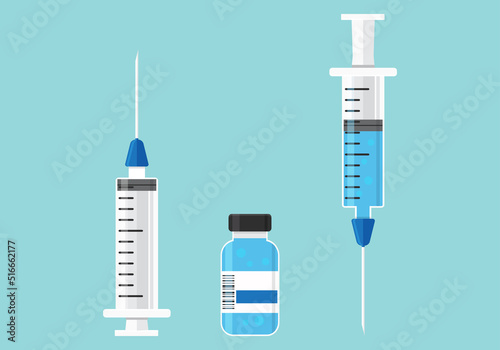 Syringe and medicine vial. Inject needle concept on blue background. Health illustration photo