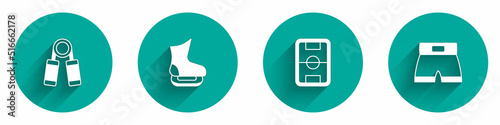 Set Sport expander, Skates, Football field and Boxing short icon with long shadow. Vector