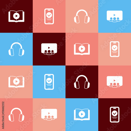Set pop art Audio book, Online quiz, test, survey, Headphones and class icon. Vector