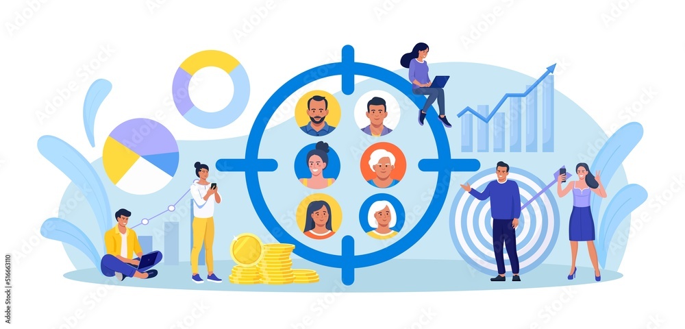 Marketing social focus group. People avatars in crosshair. Businessmen study audience, research consumer behavior. Target audience at aim. Customer attraction campaign, accurate seo, advertising - obrazy, fototapety, plakaty 