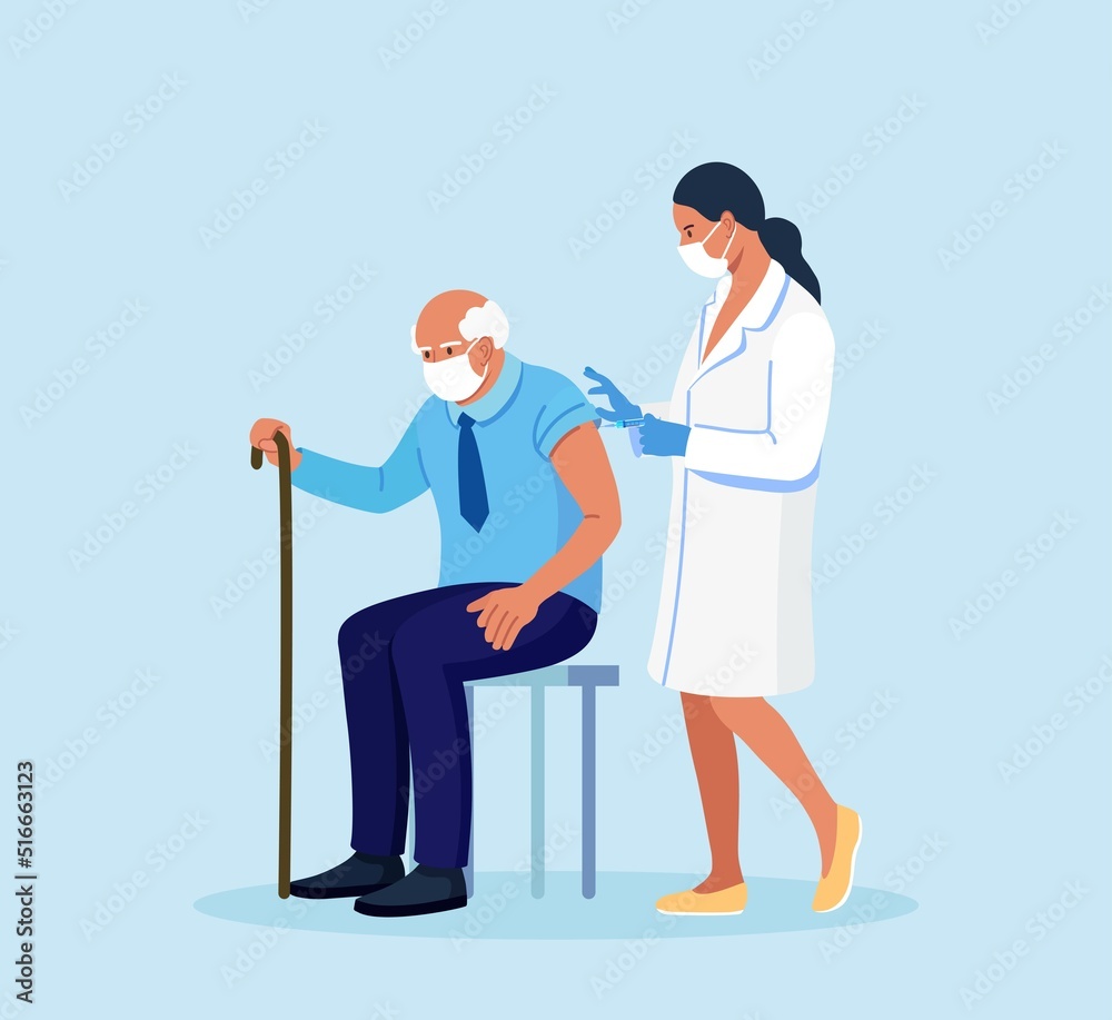 Doctor, nurse giving a coronavirus vaccine to elderly man. Old people vaccination for immunity health for covid-19. Immunization of adults Doctor, nurse giving a coronavirus vaccine to elderly man. Old people vaccination for immunity health for covid-19. Immunization of adults