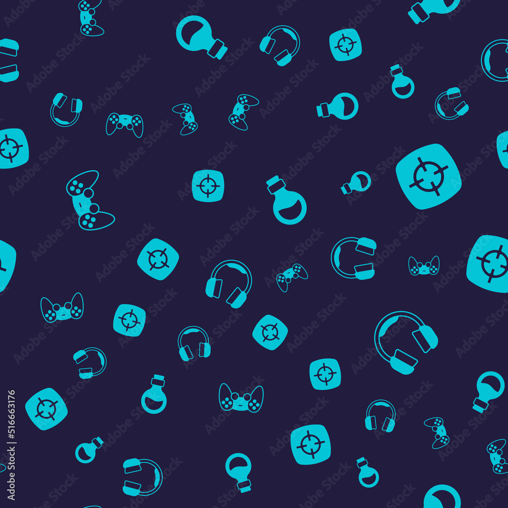 Set Game controller or joystick, Target sport, Bottle with magic elixir and Headphones on seamless pattern. Vector Set Game controller or joystick, Target sport, Bottle with magic elixir and Headphones on seamless pattern. Vector