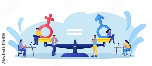 Man and woman working on balanced scales. Gender equality. Workforce without gender discrimination. Fair job opportunity and salary, equal career opportunities. Equal rights between men and women
