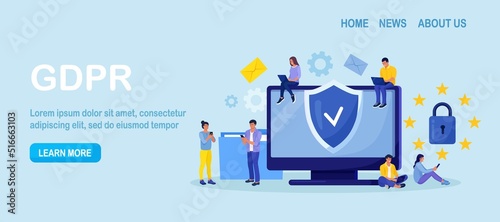 General privacy regulation for protection of personal data. GDPR and privacy politics. Personal information control and security. People protecting business data and legal information