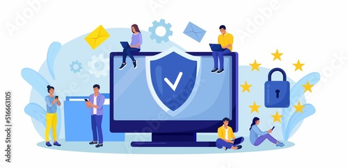 Shield with lock on computer screen as symbol of general data protection regulation. GDPR and privacy politics concept. Tiny people protecting business data and legal information