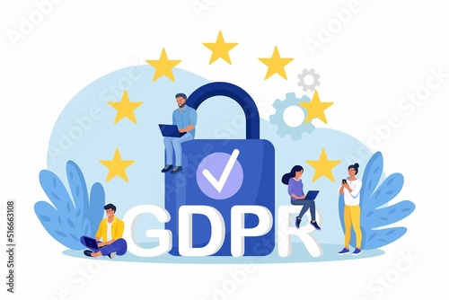 General privacy regulation for protection of personal data. GDPR and privacy politics. Personal information control and security. People protecting business data and legal information