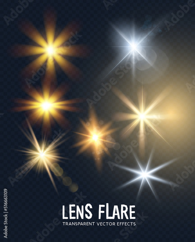 A collection of lens sun flare transparent effects. Vector illustration.