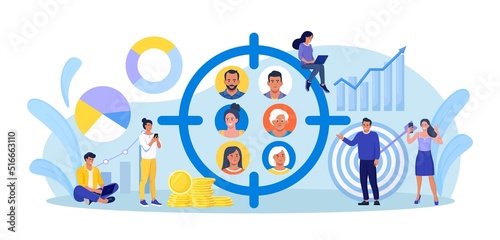 Marketing social focus group. People avatars in crosshair. Businessmen study audience, research consumer behavior. Target audience at aim. Customer attraction campaign, accurate seo, advertising
