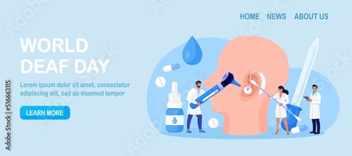 Deafness, Hearing Loss. Doctors Check Health of Ear, Hearing organ.  Deaf Patient with Hear Problem Visit Doctor Audiologist for Treatment. Medical examination, Test of Ears. Big Ear with Hearing Aid