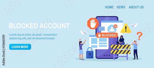 People are very surprised and feeling anxious about blocked user account. Experts help user to unblock account. Cyber crime, hacker attack, censorship or ransomware activity security