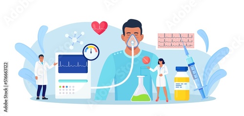 Anesthesia. Doctor anesthesiologist performing inhalation and epidural anesthesia. Patient with anesthetic oxygen mask sleeping in intensive care unit. Emergency, first aid. Preparing man for surgery photo