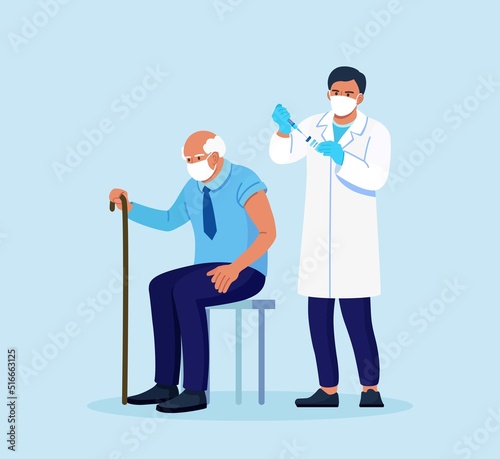 Doctor, physician giving a coronavirus vaccine to elderly man. Old people vaccination for immunity health for covid-19. Immunization of adults