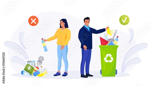 Correct and wrong examples of throwing out garbage. Person putting rubbish in trash bins, dumpsters and containers. Recycle rubbish, recycling environment littering. Pollution Ecology Protection