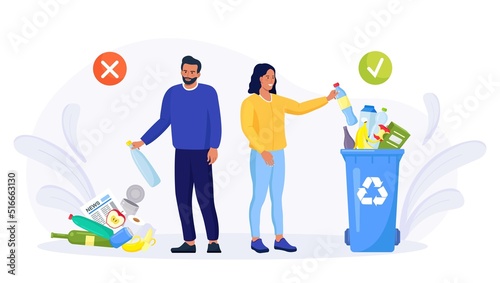 Correct and wrong examples of throwing out garbage. Person putting rubbish in trash bins, dumpsters and containers. Recycle rubbish, recycling environment littering. Pollution Ecology Protection