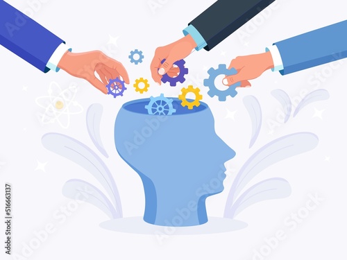 Human head with gear wheels inside. People put cogwheel in it. Productivity, effectiveness. Intelligence and knowledge development with brain performance. Gears and technical wheels as thoughts