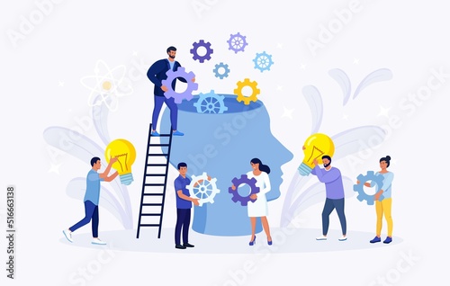 Human head with gear wheels inside. Tiny people put cogwheel in it. Productivity, effectiveness. Intelligence and knowledge development with brain performance. Gears and technical wheels as thoughts