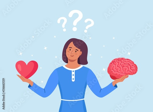Young Woman Hold Brain and Heart in Hands. Choosing between Feelings and Mind, Career or Hobby, Love or Work. Female Character Making Life Decision