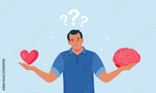 Young Man Hold Brain and Heart in Hands. Choosing between Feelings and Mind, Career or Hobby, Love or Work. Male Character Making Life Decision