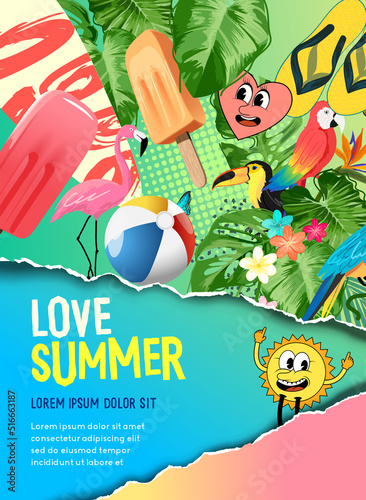 Modern colourful summer holidays collage mash up background layout. Vector illustration.