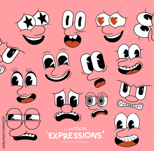 Vintage and retro style cartoon faces and emotional expressions! Vecot illustration.