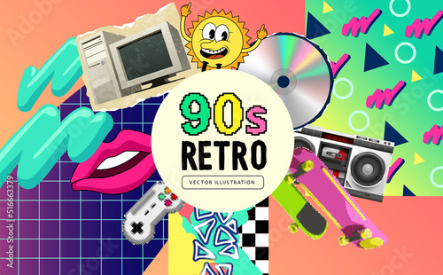 1990s retro background theme with iconic nineties objects and patterns. Vector illustration. photo
