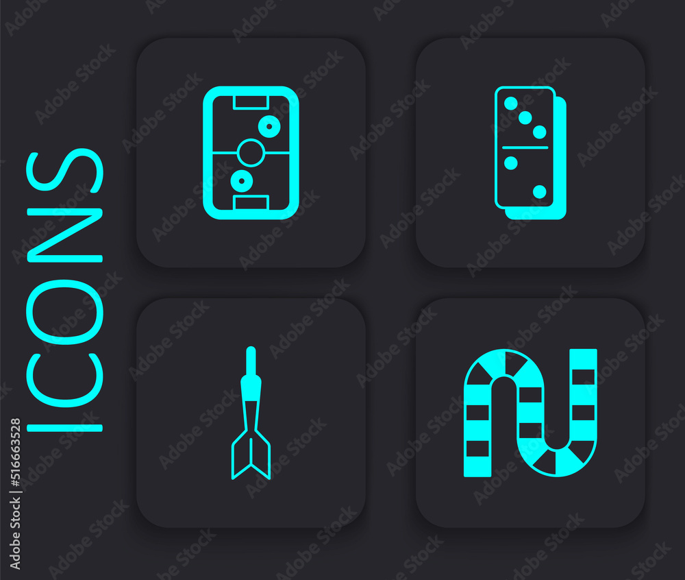 Set Board game, Air hockey table, Domino and Dart arrow icon. Black square button. Vector Set Board game, Air hockey table, Domino and Dart arrow icon. Black square button. Vector