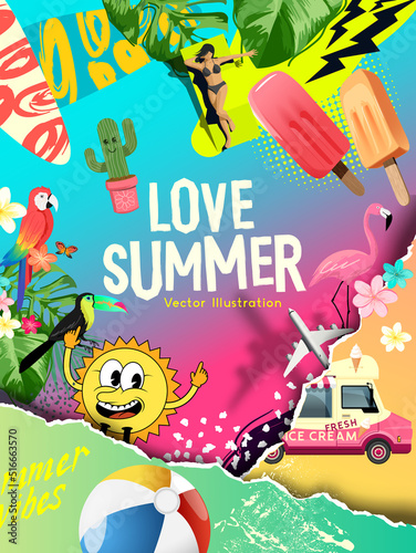 Fun summer holiday background mash up layout. vector illustration