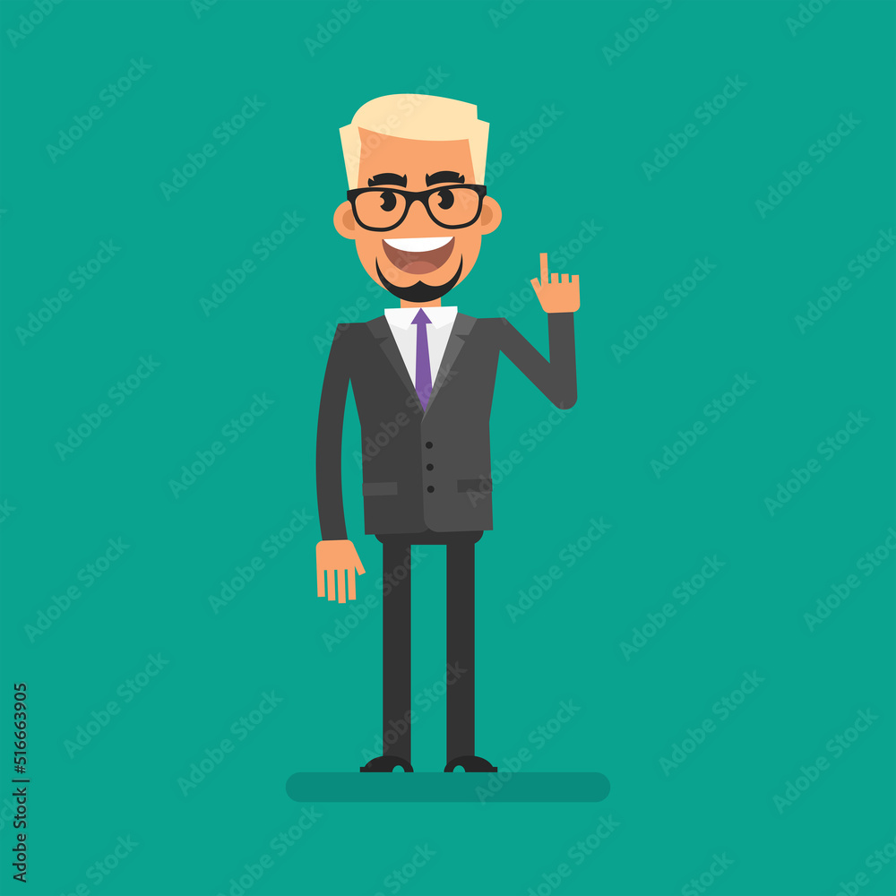 Blond businessman pointing finger up and smiles. Flat people. Vector Illustration Blond businessman pointing finger up and smiles. Flat people. Vector Illustration