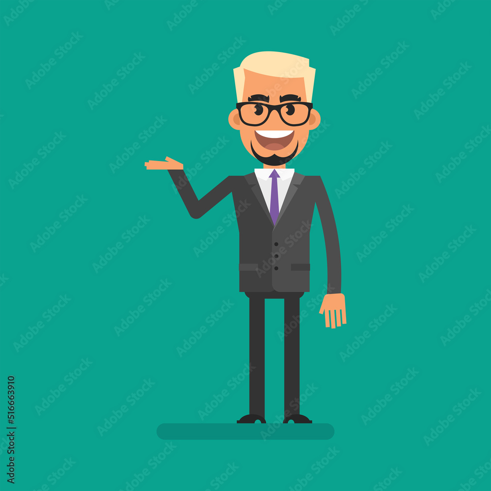 Blond businessman points with his hand to and smiles. Flat people. Vector Illustration