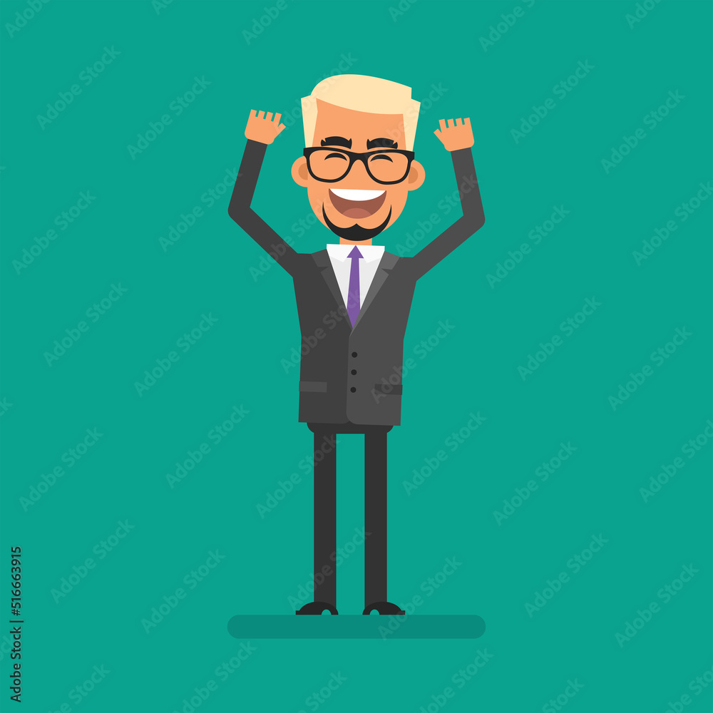 Blond businessman raised his hands up and rejoices. Flat people. Vector Illustration