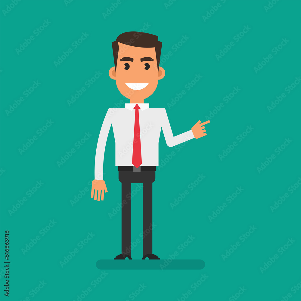 Businessman in shirt pointing finger at and smiles. Flat people. Vector Illustration
