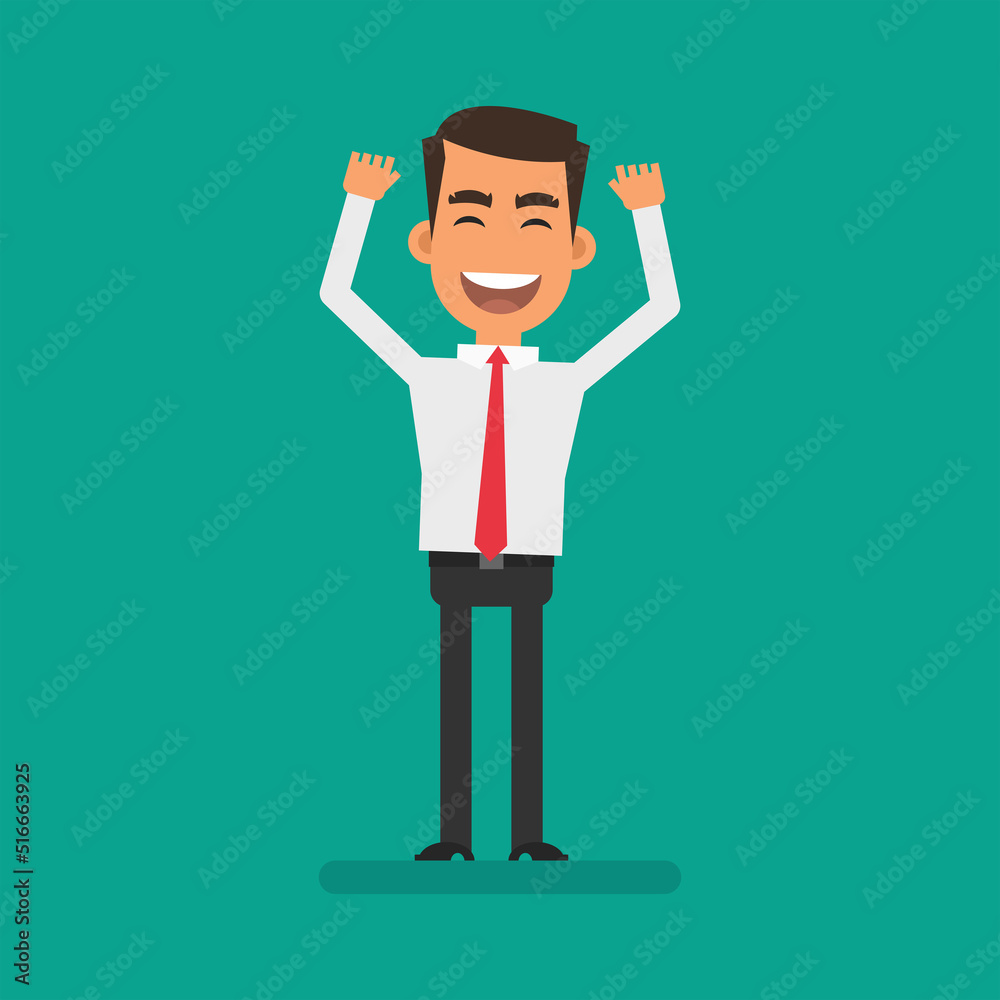 Businessman in shirt raised his hands up and rejoices. Flat people. Vector Illustration