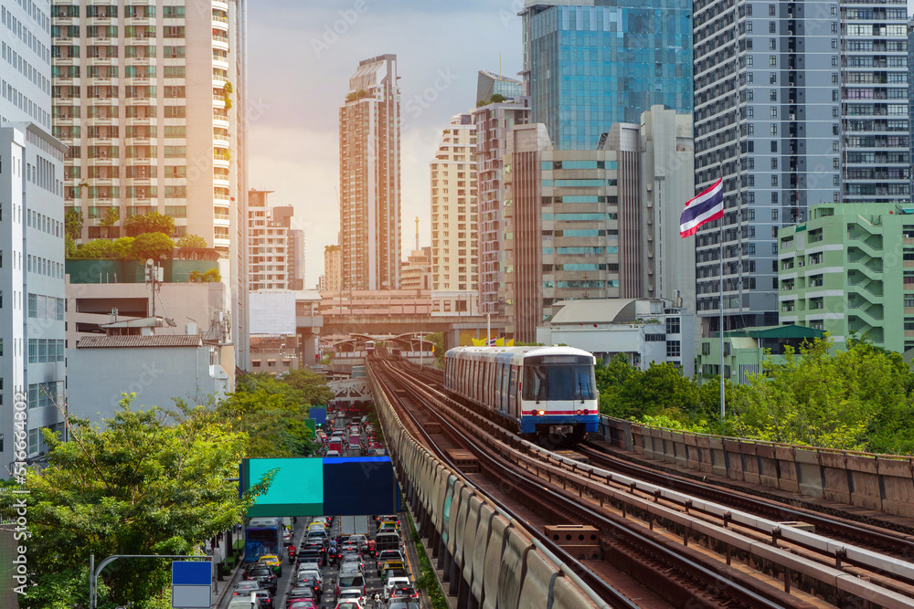 BTS Skytrain in Bangkok city Thailand - obrazy, fototapety, plakaty 
