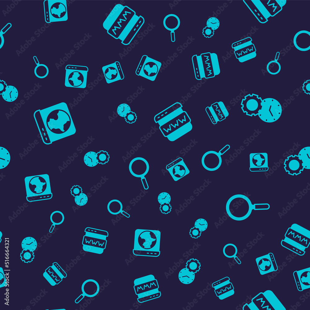 Set Worldwide, Time management, Browser window and Magnifying glass on seamless pattern. Vector Set Worldwide, Time management, Browser window and Magnifying glass on seamless pattern. Vector