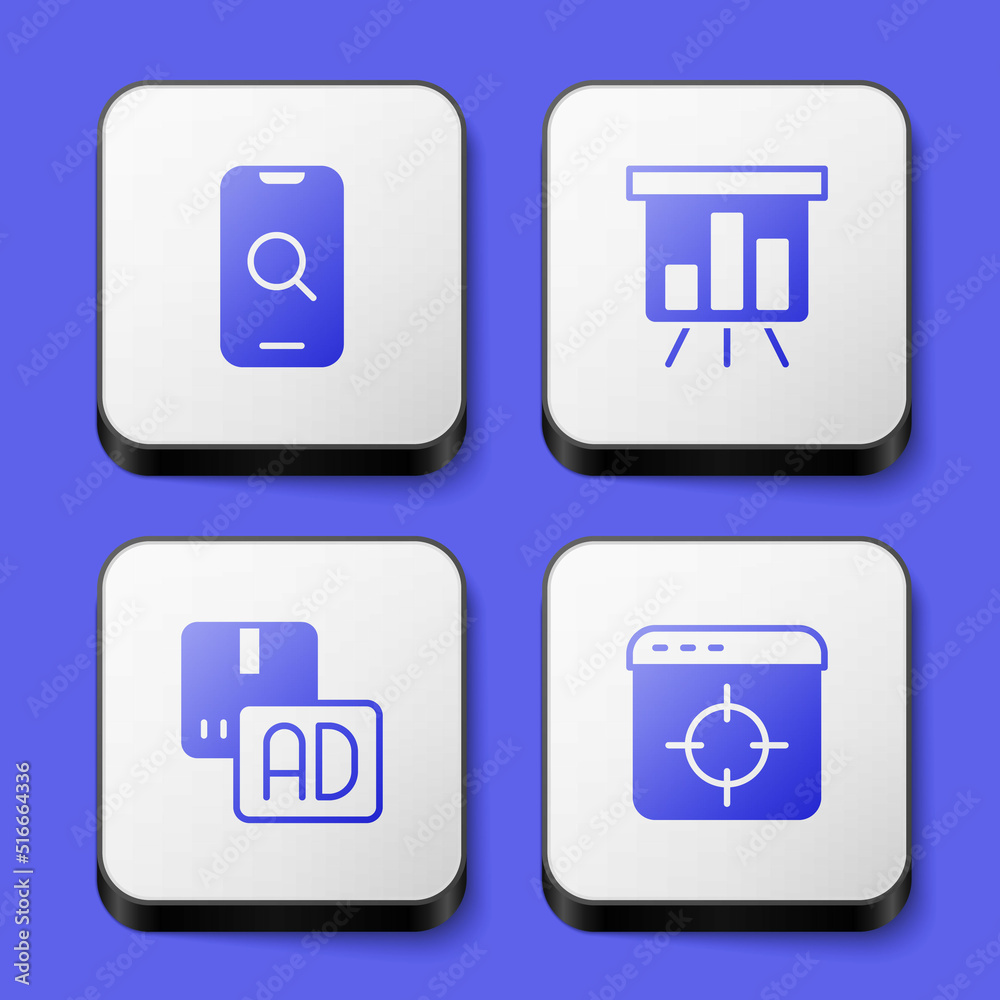 Set Magnifying glass and mobile, Board with graph chart, Advertising and Target financial goal icon. White square button. Vector Set Magnifying glass and mobile, Board with graph chart, Advertising and Target financial goal icon. White square button. Vector