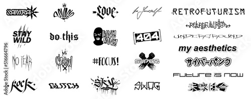 Trendy inscriptions, symbols and icons in different styles - modern, graffiti, calligraphy for prints on T-shirts, posters, merch, typography. Translation of Japanese characters - cyberpunk, future