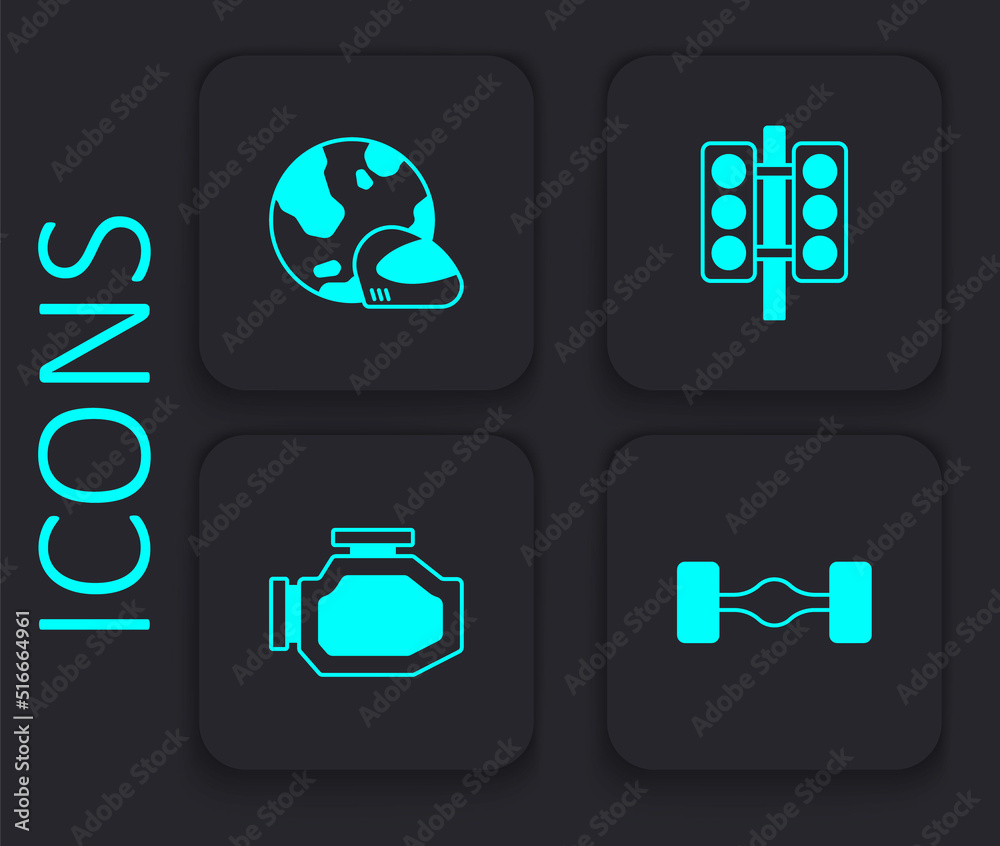 Set Chassis car, Racing helmet, traffic light and Check engine icon. Black square button. Vector Set Chassis car, Racing helmet, traffic light and Check engine icon. Black square button. Vector