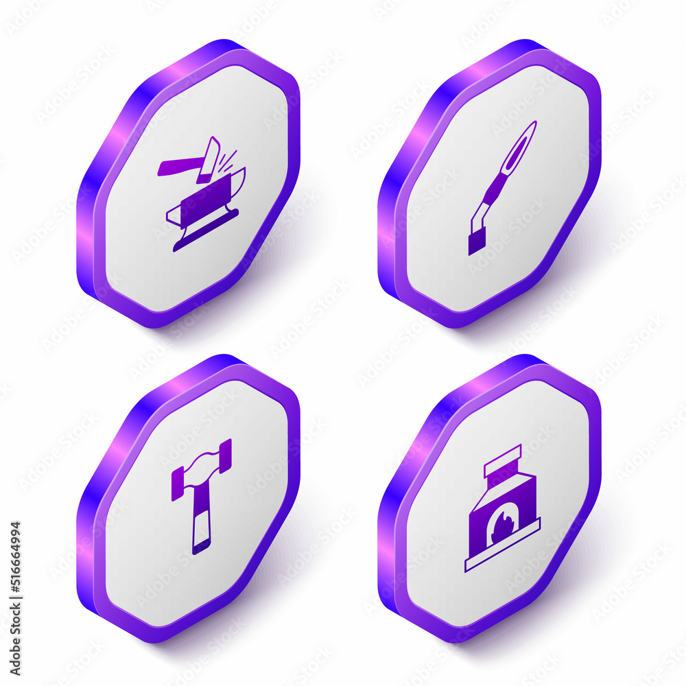 Set Isometric Anvil and hammer, Welding torch, Hammer and Blacksmith oven icon. Purple hexagon button. Vector Set Isometric Anvil and hammer, Welding torch, Hammer and Blacksmith oven icon. Purple hexagon button. Vector