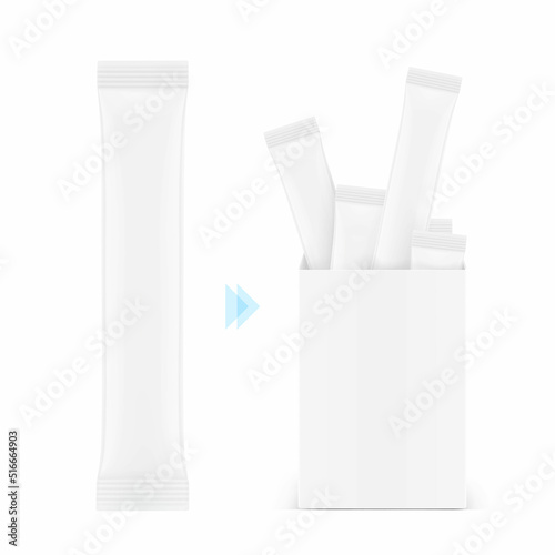 Blank cardboard box with stick pack mockup. Frontal view. Vector illustration isolated on white background. Can be use for food, medicine, cosmetic and etc. EPS10.	