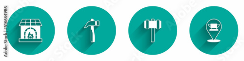 Set Blacksmith oven, Hammer, Sledgehammer and anvil tool icon with long shadow. Vector