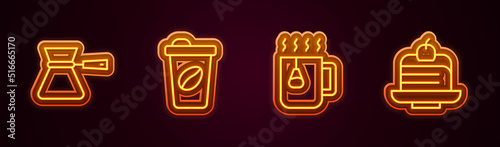 Set line Coffee turk, cup to go, Cup tea with bag and Piece cake. Glowing neon icon. Vector
