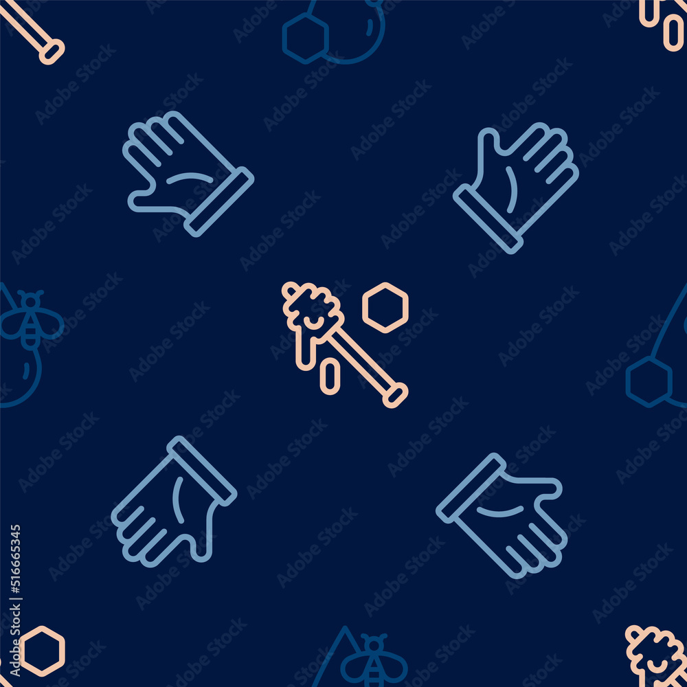 Set line Bee and honeycomb, Beekeeper glove and Honey dipper stick on seamless pattern. Vector Set line Bee and honeycomb, Beekeeper glove and Honey dipper stick on seamless pattern. Vector