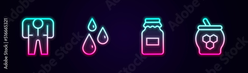 Set line Beekeeper costume, Drops of honey, Jar and and dipper stick. Glowing neon icon. Vector