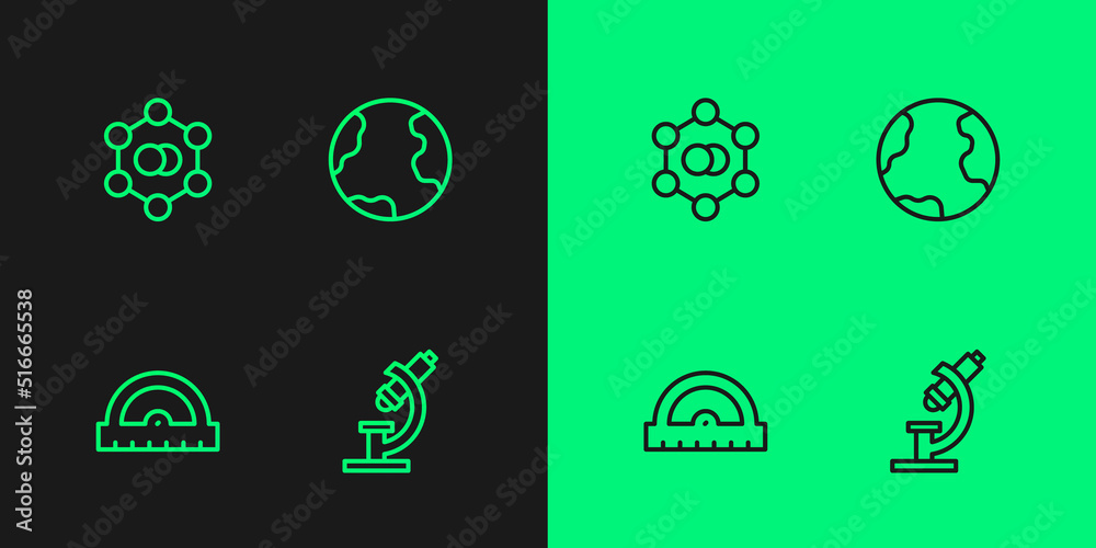 Set line Microscope, Protractor grid, Molecule and Earth globe icon. Vector Set line Microscope, Protractor grid, Molecule and Earth globe icon. Vector