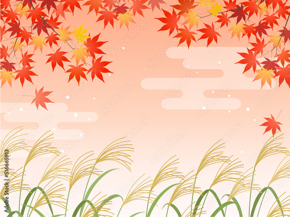 朝焼けをイメージしたススキと紅葉の和風背景_フレーム_ベクターイラスト 朝焼けをイメージしたススキと紅葉の和風背景_フレーム_ベクターイラスト