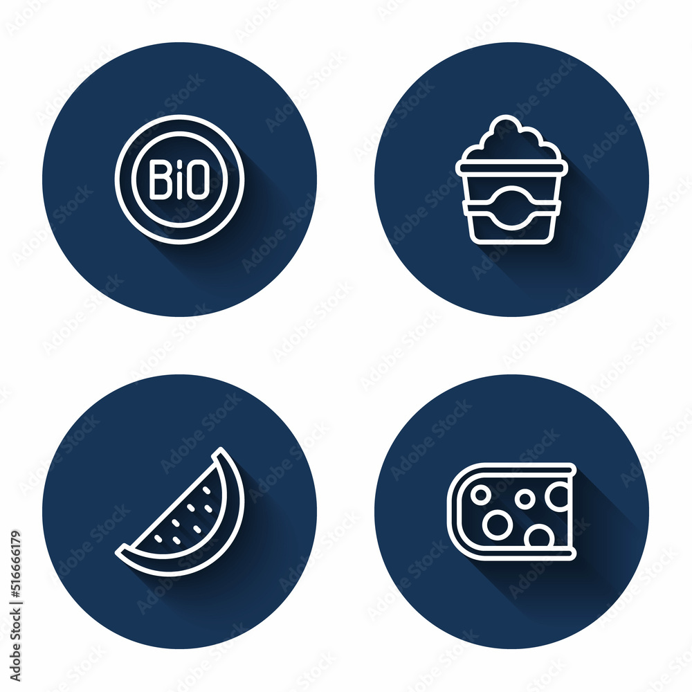 Set line Banner for bio, Popcorn in cardboard box, Watermelon and Cheese with long shadow. Blue circle button. Vector Set line Banner for bio, Popcorn in cardboard box, Watermelon and Cheese with long shadow. Blue circle button. Vector
