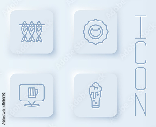 Set line Dried fish, Bottle opener, Wooden beer mug and Glass of. White square button. Vector