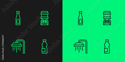 Set line Bottle of water, Shower, and Water cooler icon. Vector