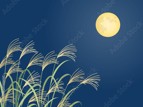 ススキと満月の風景_背景_ベクターイラスト