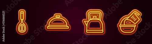 Set line Kitchen whisk, Covered with tray of food, Kettle handle and Measuring cup bowl. Glowing neon icon. Vector